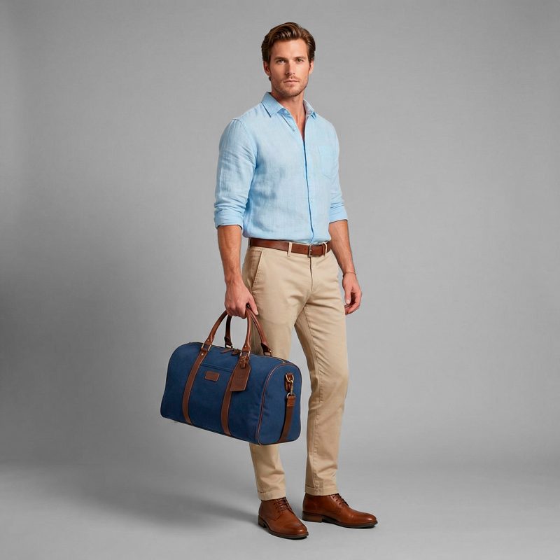 Fotorealistisches KI-Model mit blauer Canvas-Reisetasche – das Produkt stammt aus einer echten Studioaufnahme